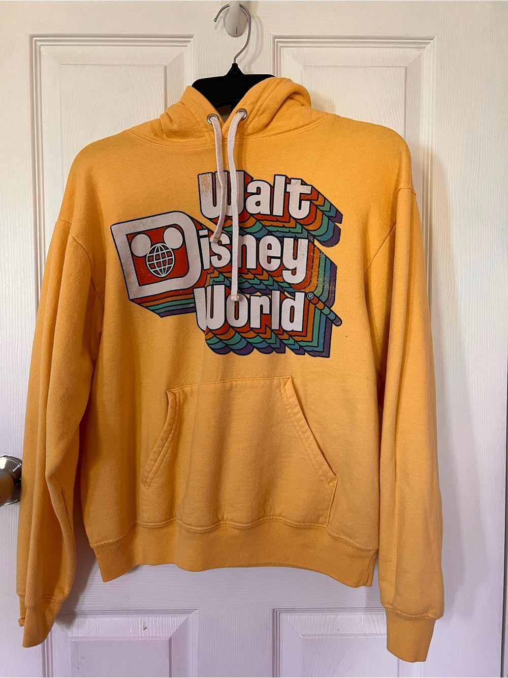 Disney Yellow Crewneck Hoodie with Retro Multicolor Walt Disney World Logo